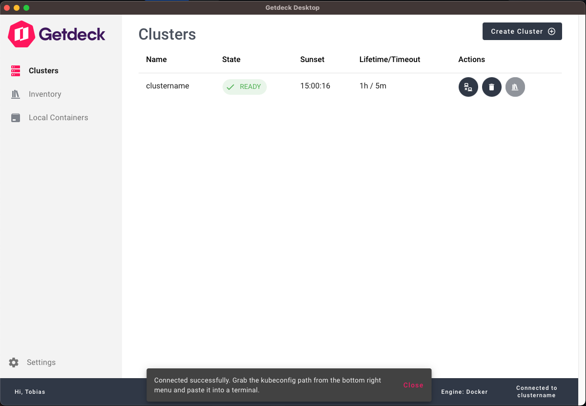 Screenshot of the Getdeck Desktop cluster connection process
