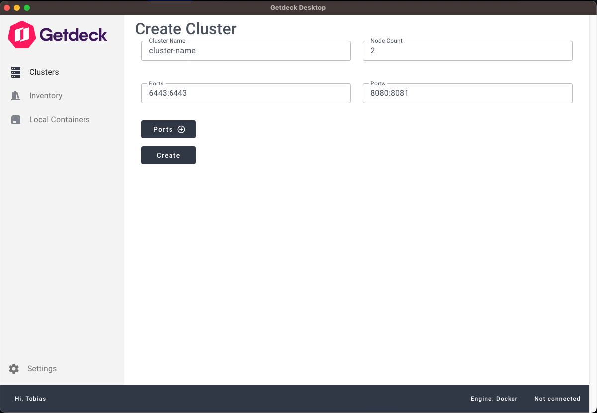 Screenshot of the Getdeck Desktop cluster creation form