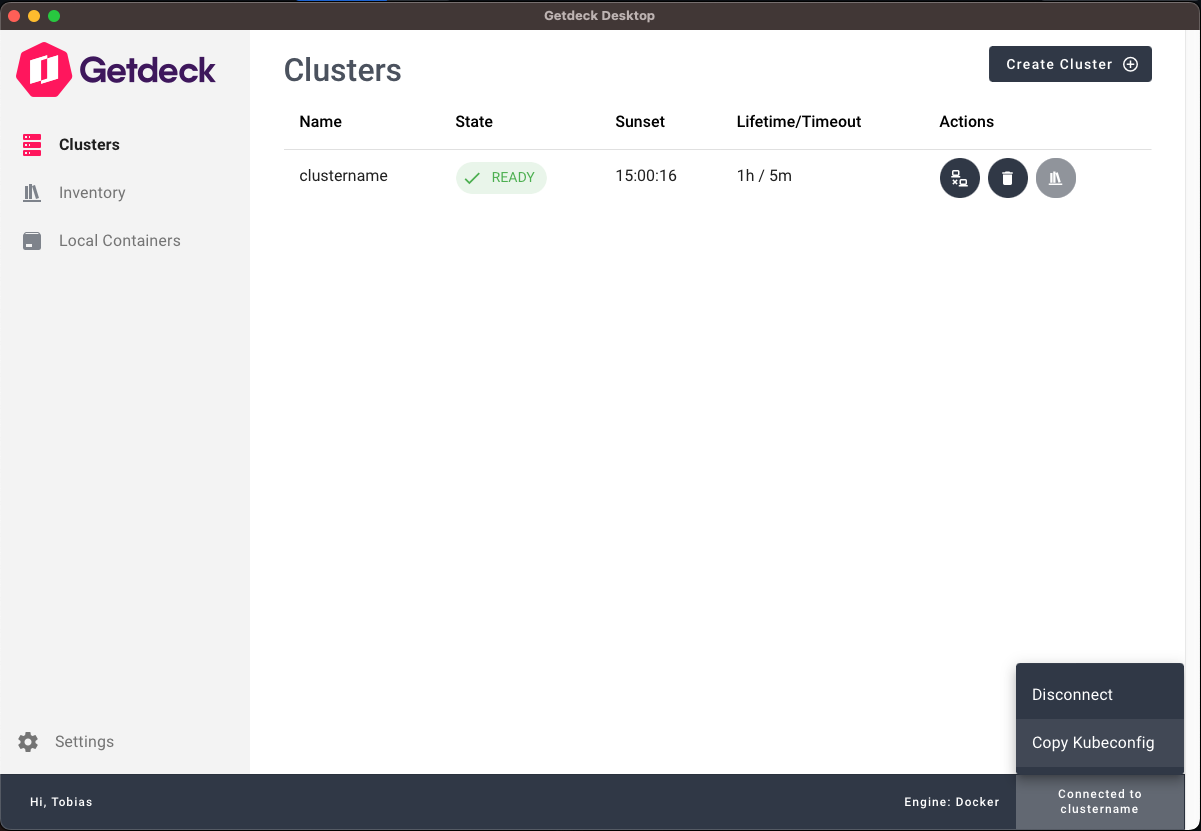 Screenshot of the Getdeck Desktop cluster kubeconfig copy process