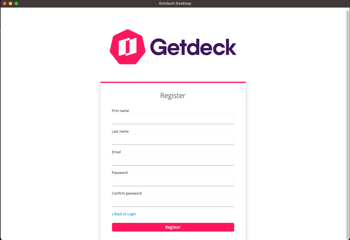 Screenshot of the Getdeck Desktop registration form